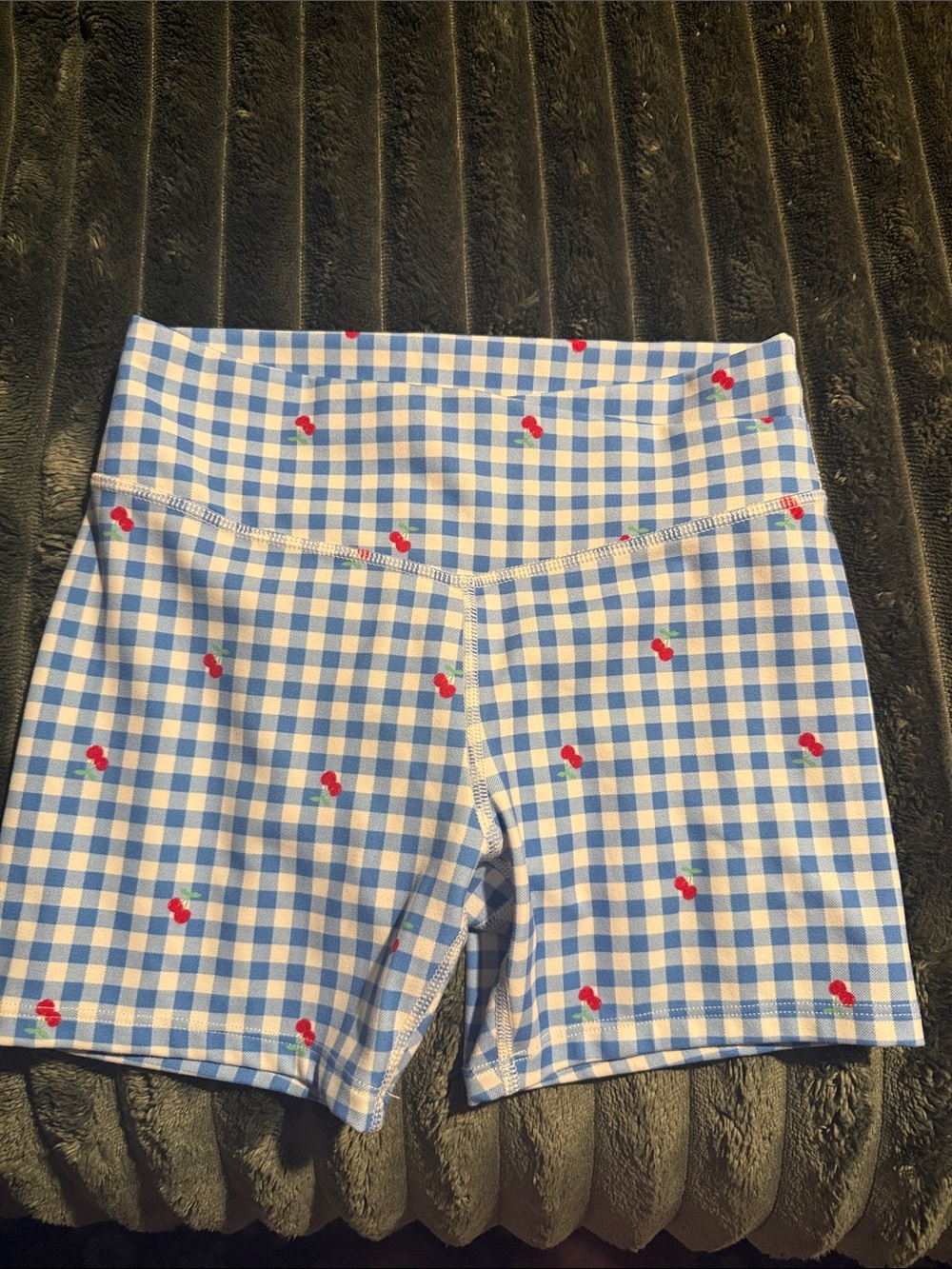 all in motion Blue and White Gingham Bike Shorts with Red Cherry Print